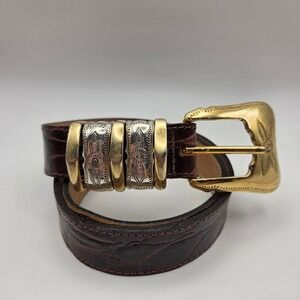 Streets Ahead Brown Croc Embossed Leather Western Belt Gold Silver Buckle USA Sm